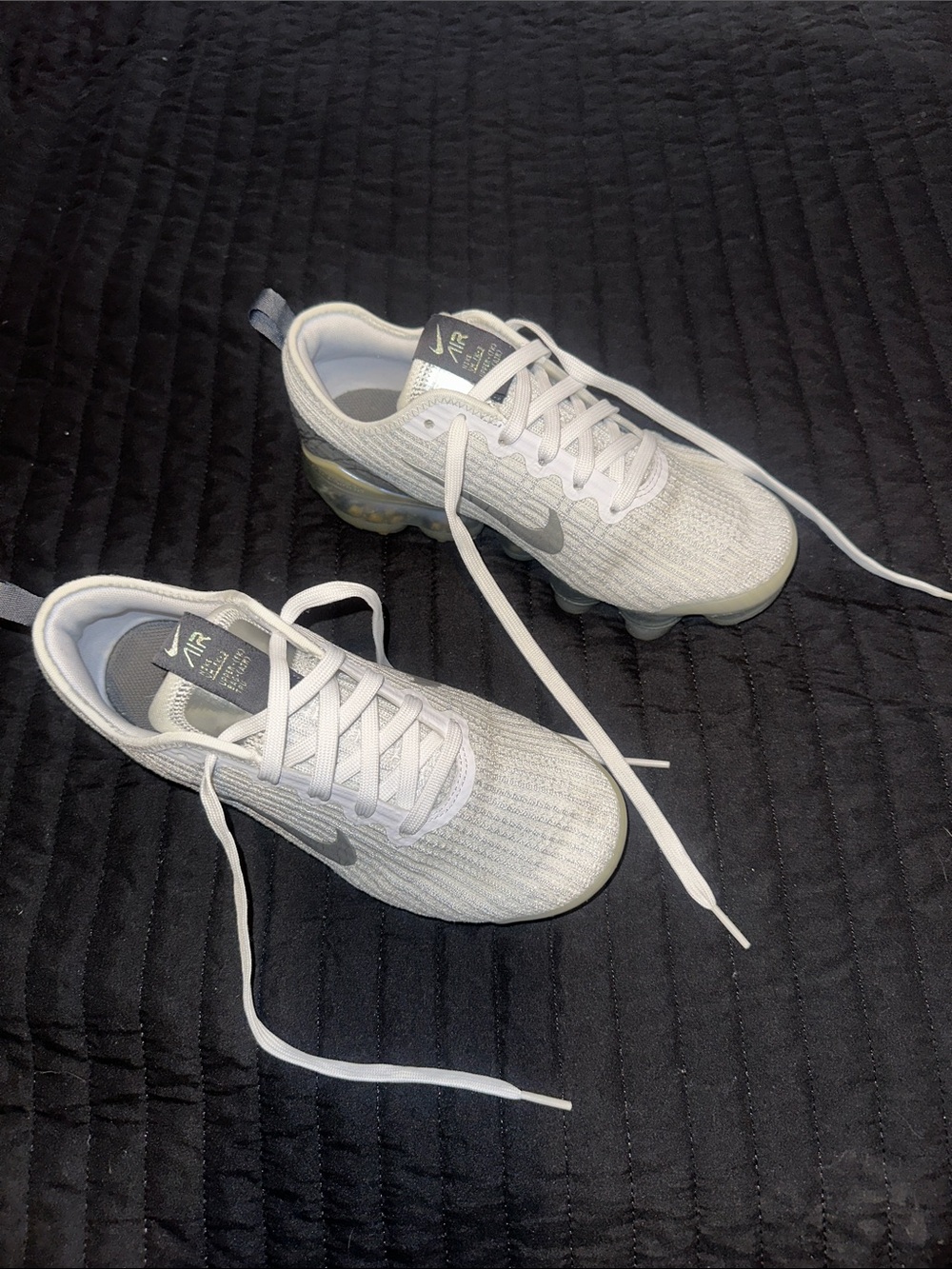 Nike White and Light Gray VaporMax Flyknit Running Shoes